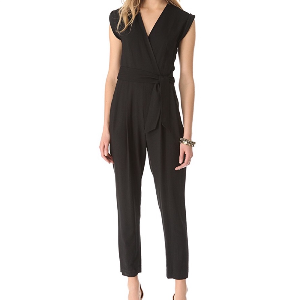 Theory Black Cap-Sleeve V-Neck Tie-Waist Jumpsuit